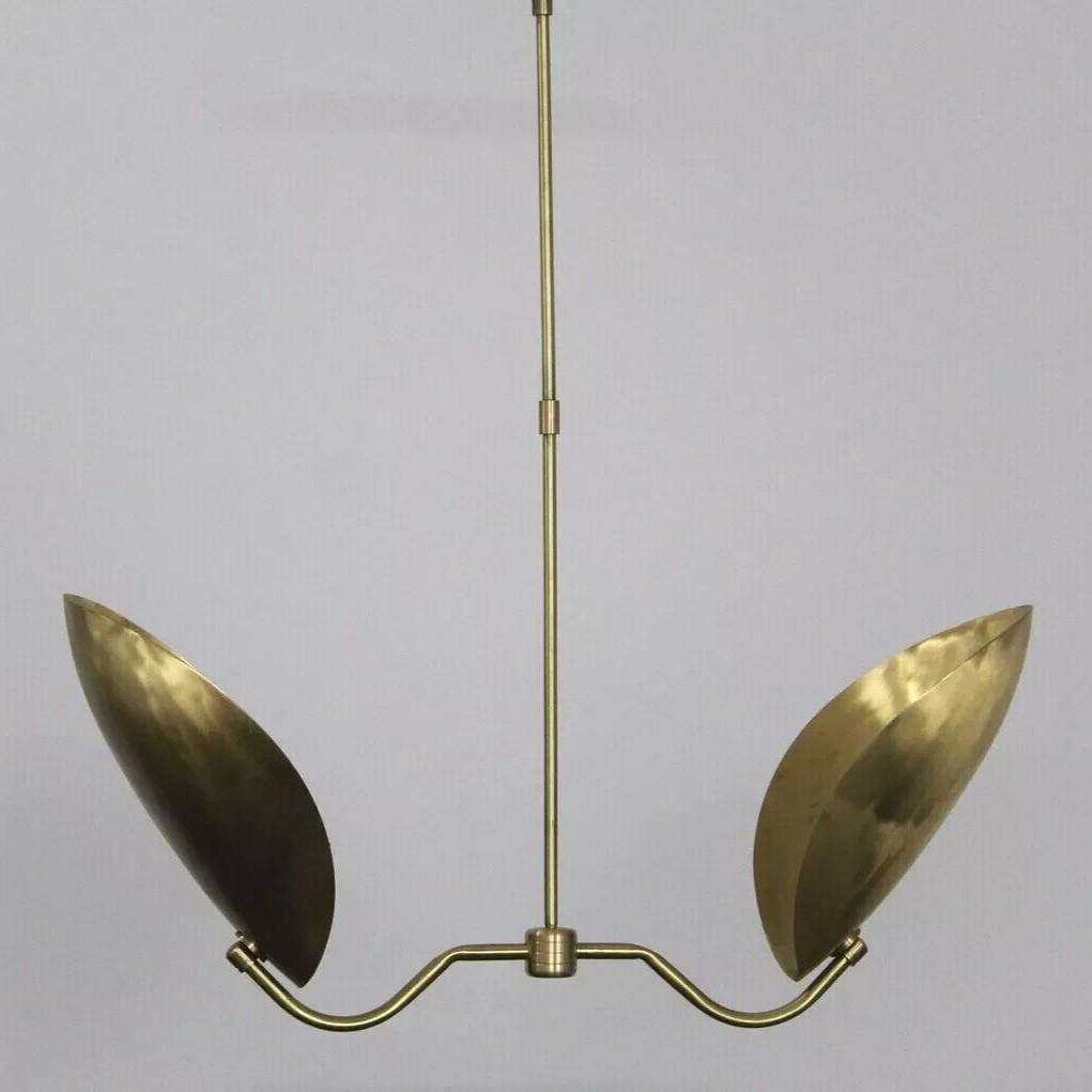 Mid Century Modern Brass Petal Chandelier, Sculptural Italian Inspired Handcrafted Dual Curved Shape 2 Light Ceiling Pendant Light Fixture