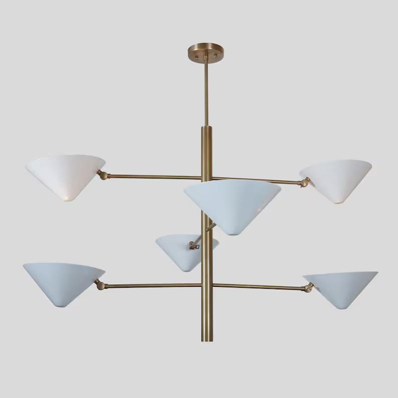 Six Arms Cone Shade Stilnovo Style Mid Century Modern Brass Sputnik Chandelier, Custom Multi Arm Contemporary Handcrafted Light Fixture