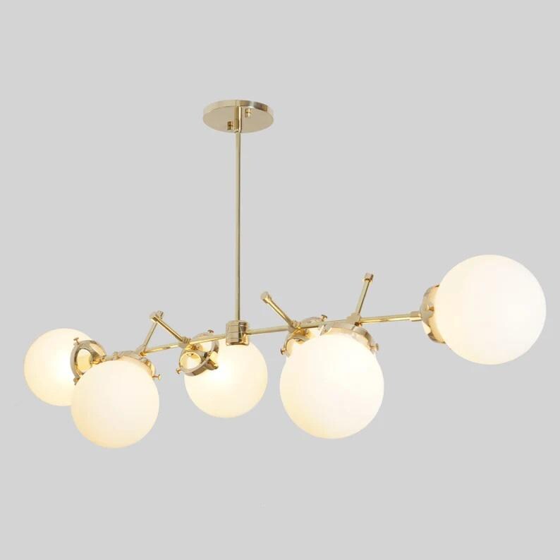Six Globe Light Mid Century Modern Sputnik Chandelier Brass Ceiling Linear Pendant Light Fixture Handcrafted Chandelier Custom Lighting