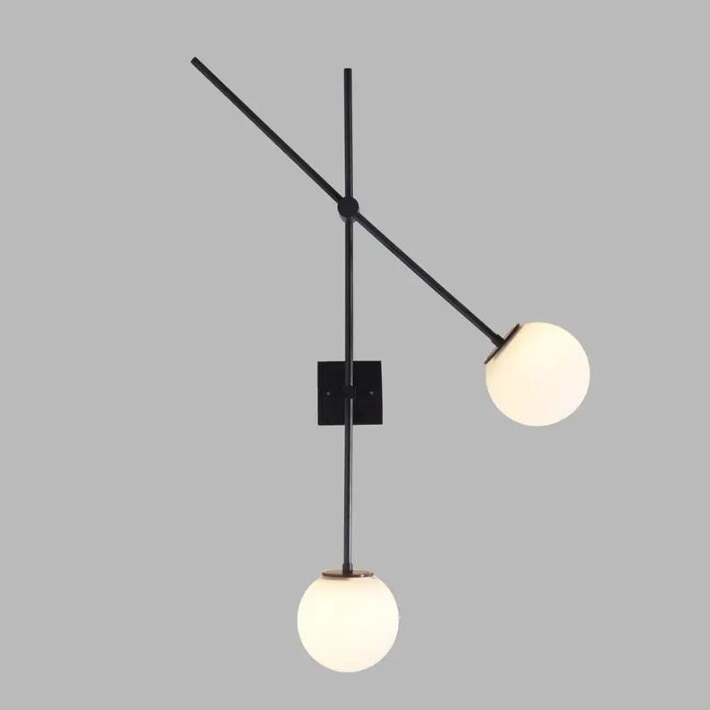 Two Glass Globe Swing Arm Articulating Bedside Wall Lamp, Handcrafted Pendant Light Brass Sputnik Wall Sconce