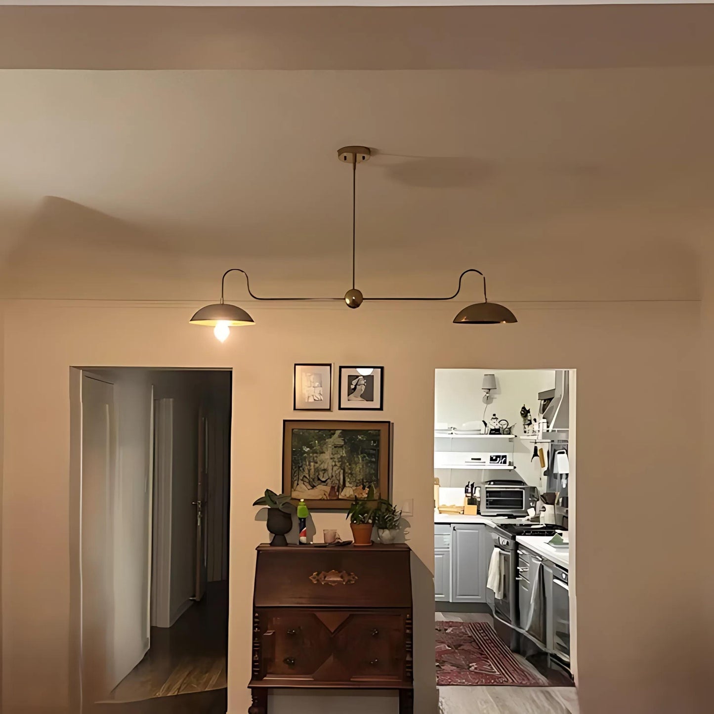 Linear Counterbalance Double Shade Brass Chandelier, Mid Century Modern Counterweight Brass Ceiling Pendant Light Fixture