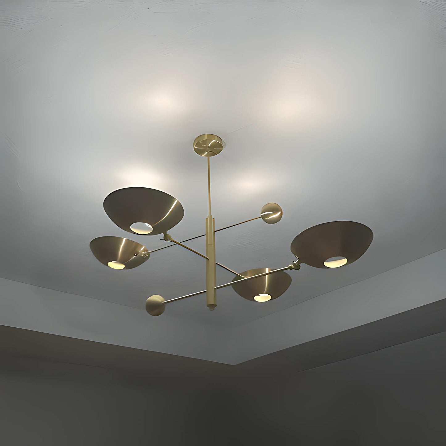 Counterbalance 4 Disk Shade Brass Chandelier, Mid Century Modern Stilnovo Style Counterweight Brass Ceiling Light Fixture Sputnik Chandelier