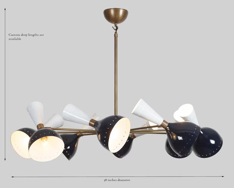 Stilnovo Style Double Shade 8 Arm 16 Light Mid Century Modern Sputnik Chandelier, Handcrafted Raw Brass Chandelier Ceiling Light Fixture