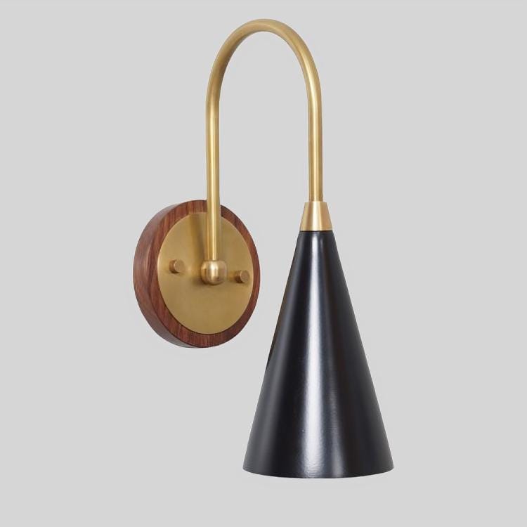 Salona Enamel Shade Brass Wall Sconce With Wood Canopy, Mid Century Modern Single Light Wall Lamp, Handmade Vintage European Inspired Light