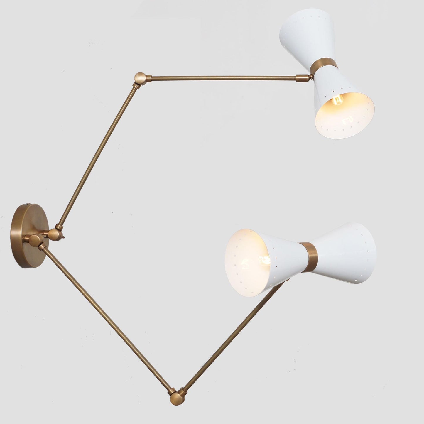 Stilnovo Style Diabolo Adjustable Twin Wall Sconce, Handcrafted Articulated Double Brass Wall Lamp, Mid Century Style Solid Brass Wall Light