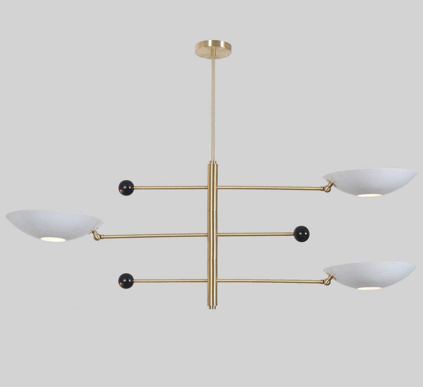 White Disk Shade Counterbalance Brass Chandelier, Mid Century Modern Stilnovo Style Counterweight Handcrafted Brass Ceiling Light Fixture