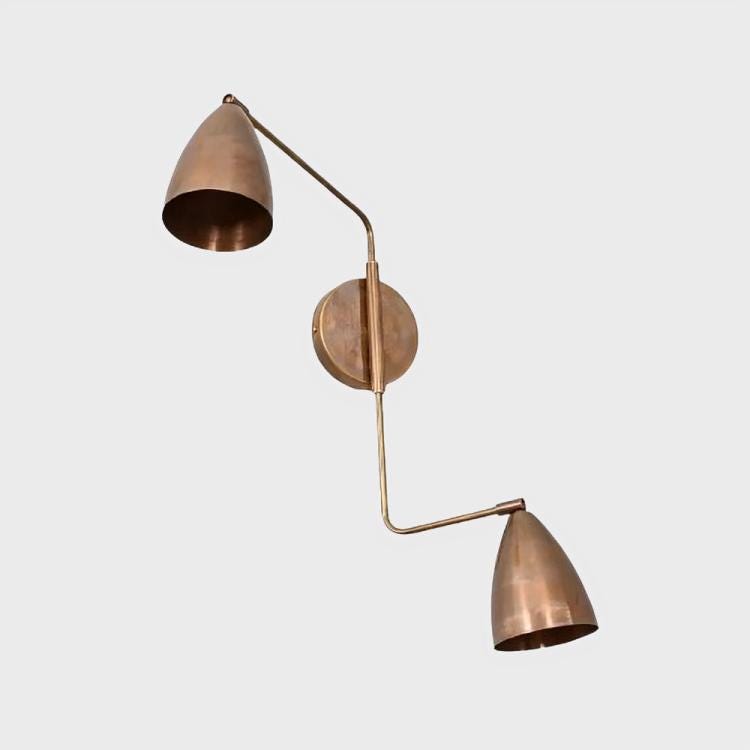 Dual Light Shades Bedside Wall Lamp, Twin Light Curved Arm Vintage Handcrafted Pendant Light Custom Brass Wall Sconce