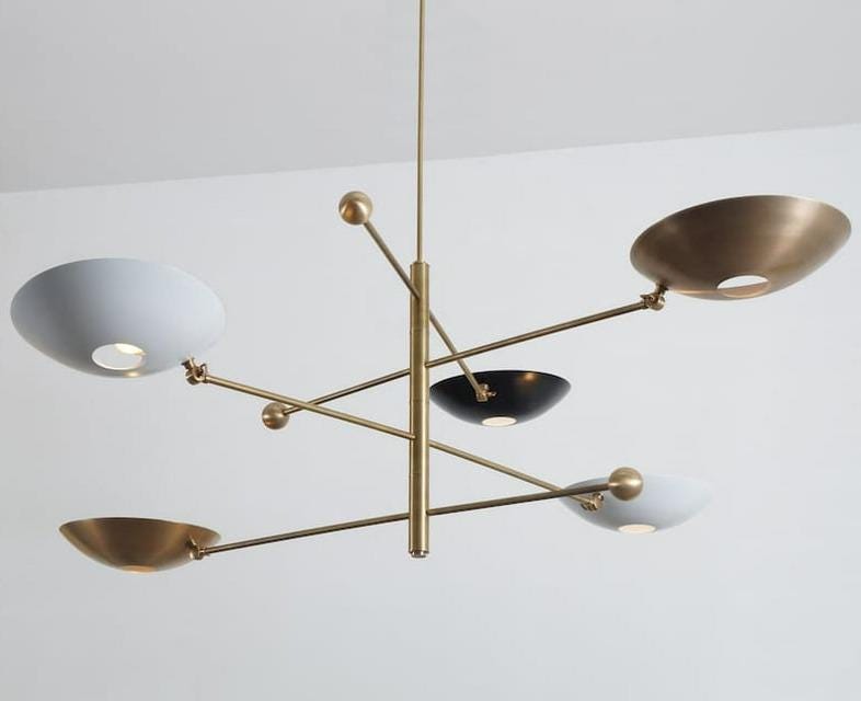Counterbalance 5 Curved Disk Brass Chandelier, Mid Century Modern 5 Light Disk Shade Lamp, Stilnovo Counterweight Ceiling Light Fixture