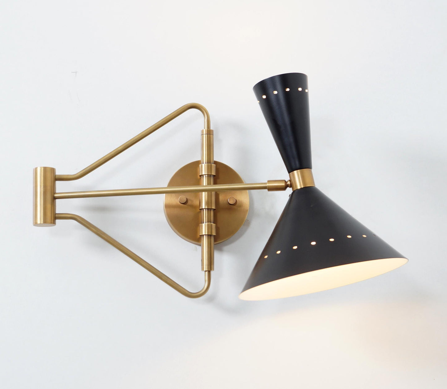 Stilnovo Adjustable Swing Arm Wall Light, Mid Century Modern Italian Diabolo Cone Shape Brass Wall Sconce, Industrial Design Reading Lamp
