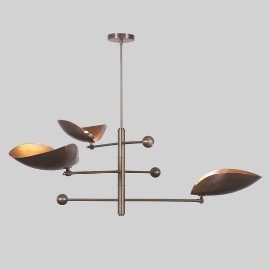 Italian Style Counterbalance Curved Shape Ceiling Lamp, Counterweight 3 Shade Brass Chandelier, Mid Century Modern Light 1960s Inspired