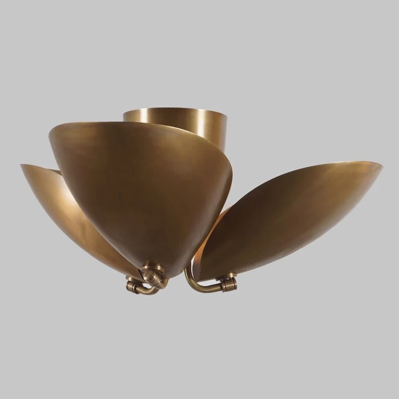 Beetle Disk Shade Ceiling Flush Mount Brass Pendant Light Fixture, Handcrafted Mid Century Modern Turtle Chandelier Three Lights