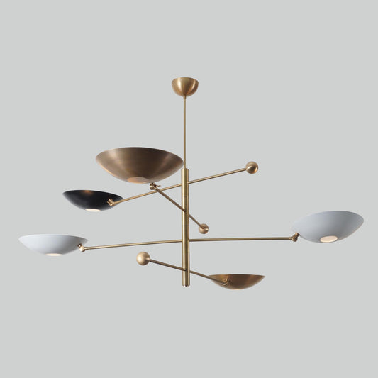 Counterbalance 5 Curved Disk Brass Chandelier, Mid Century Modern 5 Light Disk Shade Lamp, Stilnovo Counterweight Ceiling Light Fixture