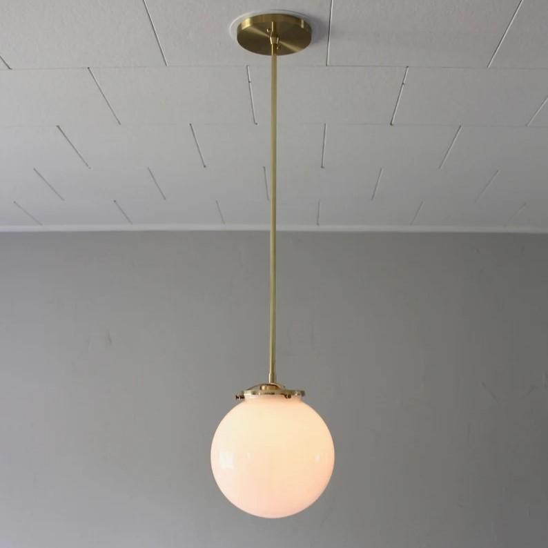 Italian Opaline & Brass Sphere Pendant Lamp Bubble Pendant Light, Glass Globe Ceiling Lamp, Mid century Modern Brass Pendant Light