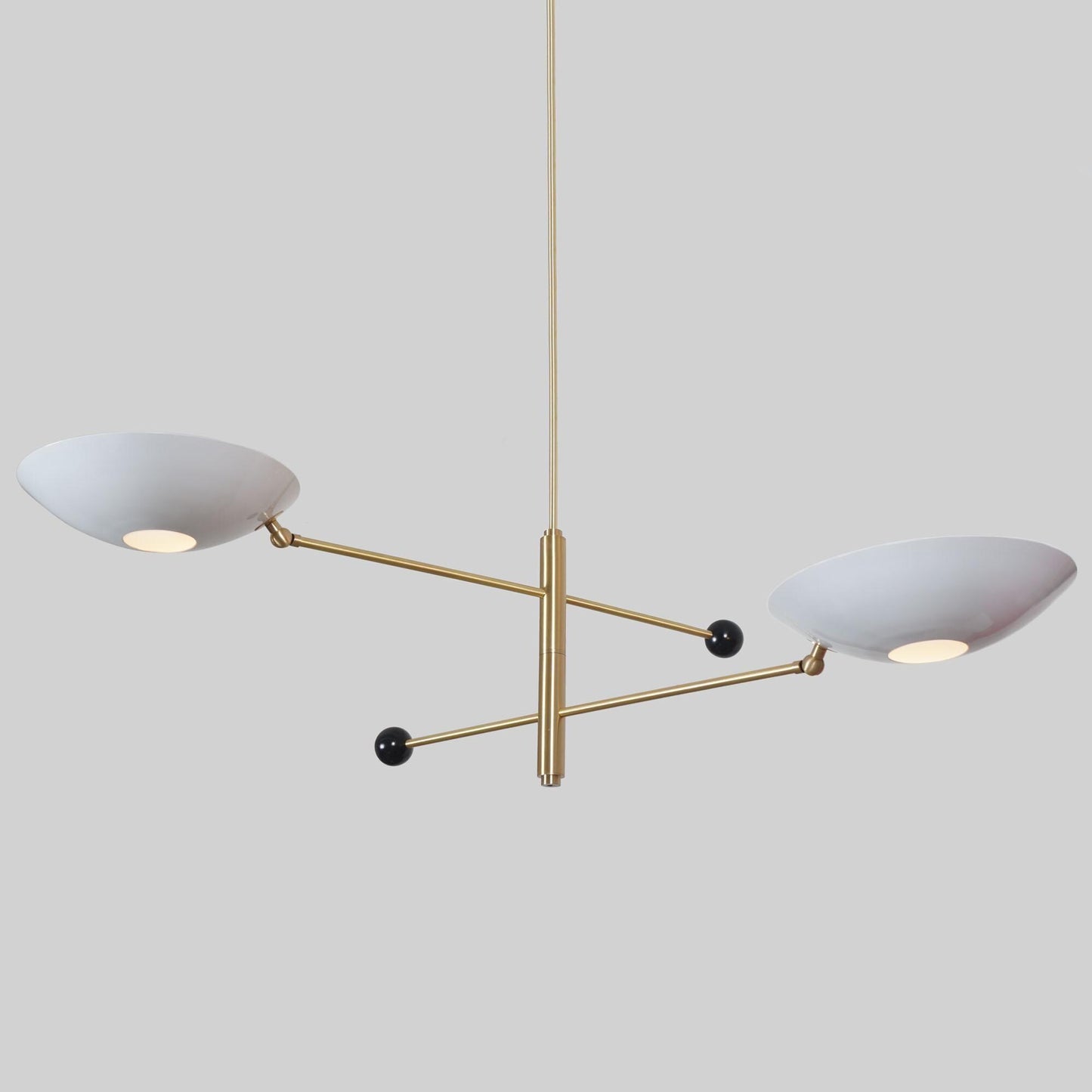 White Disk Shade Counterbalance Brass Chandelier, Mid Century Modern Stilnovo Style Counterweight Handcrafted Brass Ceiling Light Fixture
