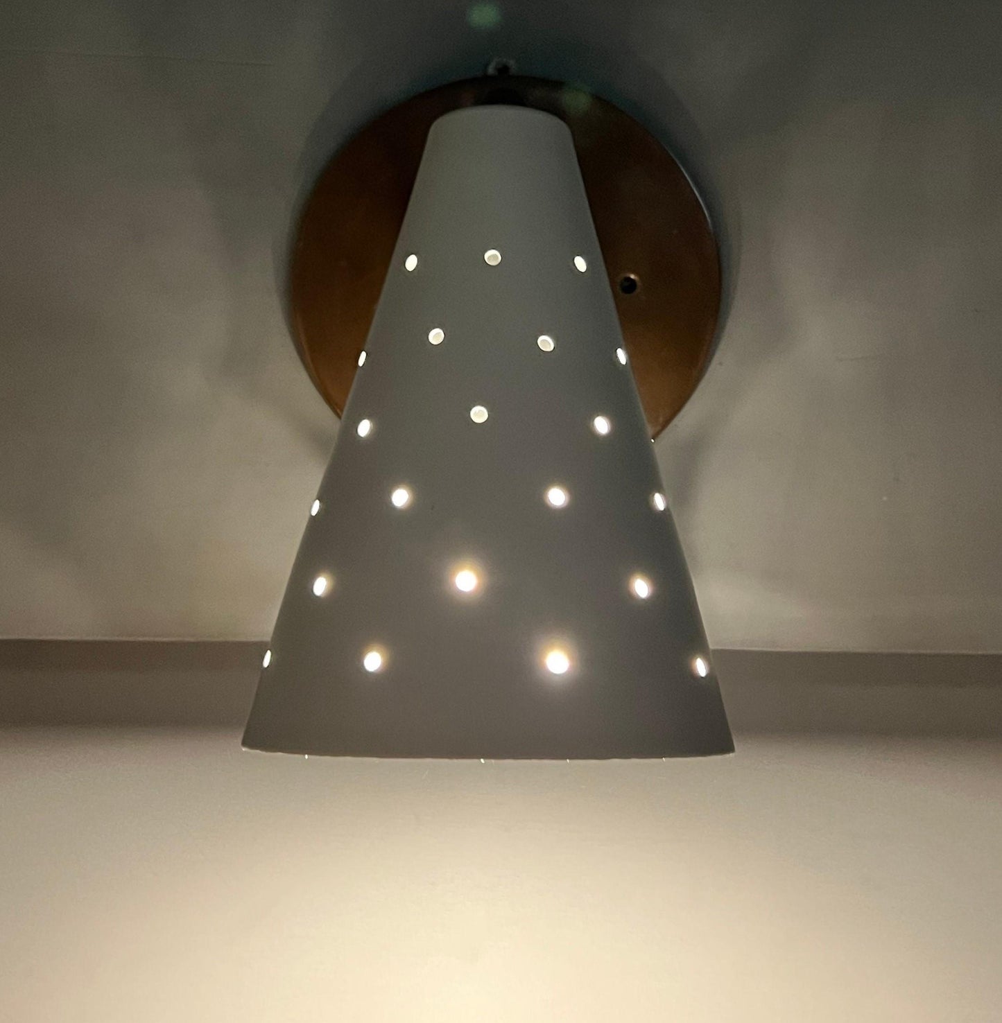 Perforated Conical Enamel Pivot Wall Sconce, Mid Century Modern Brass Single Light Wall Lamp, Handmade 1950s Style Adjustable Reading Lamp