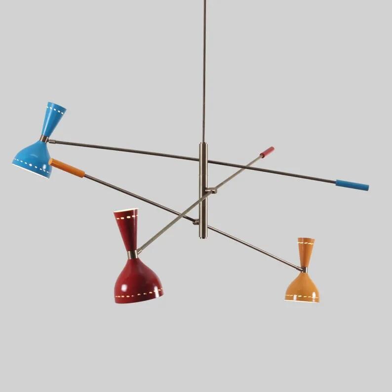 Multi Color 3 Arm 6 Light Mid Century Modern Italian Style Sputnik Chandelier, Handcrafted Brass Chandelier, Contemporary Light Fixture