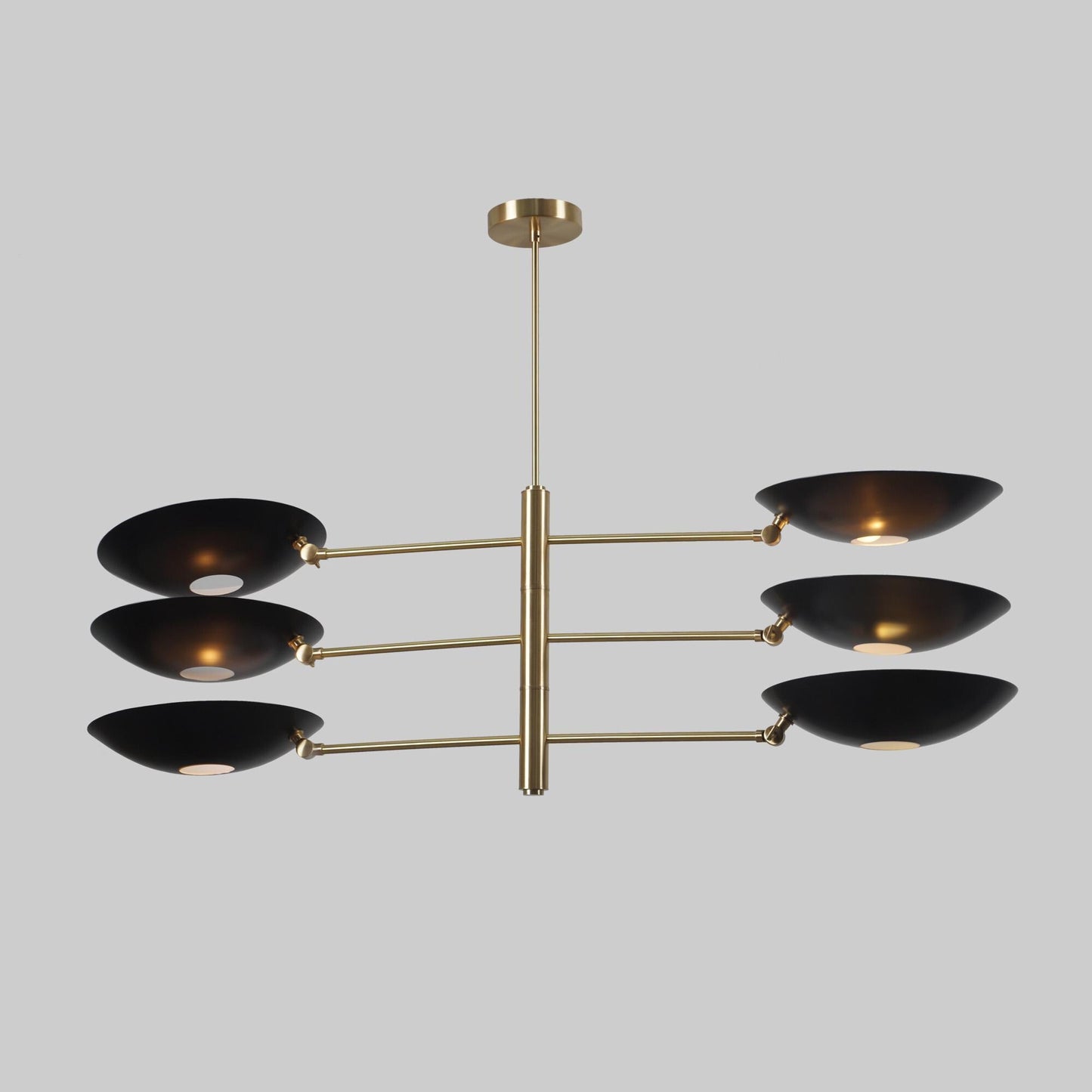 Counterbalance Six Disk Shade Brass Chandelier, Mid Century Modern Stilnovo Style Counterweight Handcrafted Brass Ceiling Light Fixture