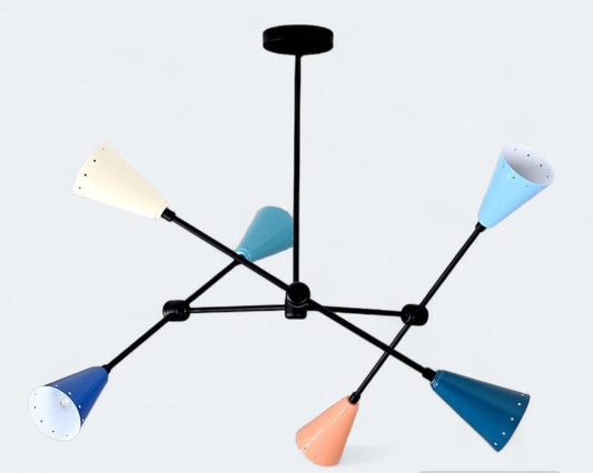 Adjustable Colorful Multi-shade Brass Chandelier, 6 Lights Modern Geometric Funky Color Ceiling Light, Contemporary Statement Light Fixture