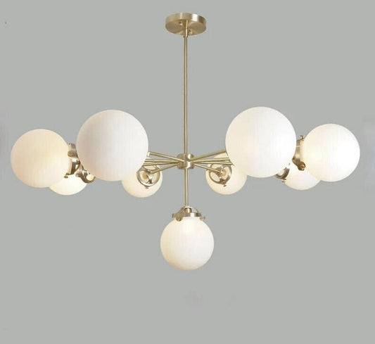 Gorgeous 9 Globe Mid Century Modern Chandelier, Handcrafted Lamp Ceiling Light, Brass Lights Glass Globe Design Pendant Light Fixture