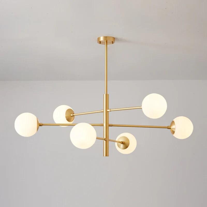 Minimalist Six Globe Ceiling Light Mid Century Modern Sputnik Brass Chandelier, Handcrafted Glass Globe Design Pendant Ceiling Light Fixture