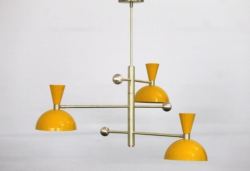 Retro Inspired Stilnovo Style Counter Balance Mid Century Modern Brass Sputnik Chandelier Custom Ceiling Pendant Light Fixture 3 Arm 6 Light