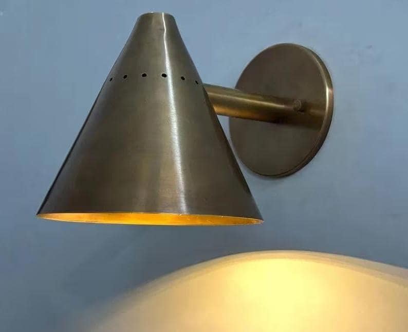 Conical Shape Solid Brass Wall Sconce, Mid Century Modern Handcrafted Raw Brass Industrial Style Wall Light Lamp