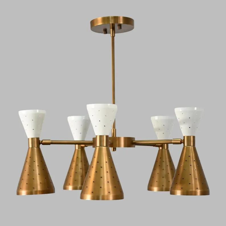 Stilnovo Style Diabolo Perforated Shade Chandelier, Mid Century Modern Sputnik Brass Chandelier, Custom Ceiling Light Fixture 5 Arm 10 Light