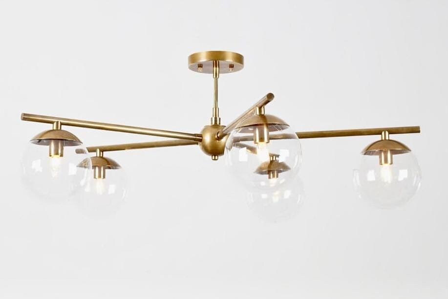 5 Globe Mid Century Sputnik Chandelier, Handcrafted Modern Brass Chandelier Ceiling Light, Elegant Glass Globe Design Pendant Light Fixture