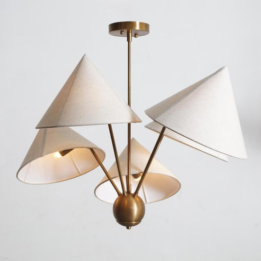 Italian Style Linen Mantis Chandelier Brass Sputnik Chandelier, Mid Century Modern Conical Ceiling Light Fixture Art Deco Wabi Sabi 5 Lights