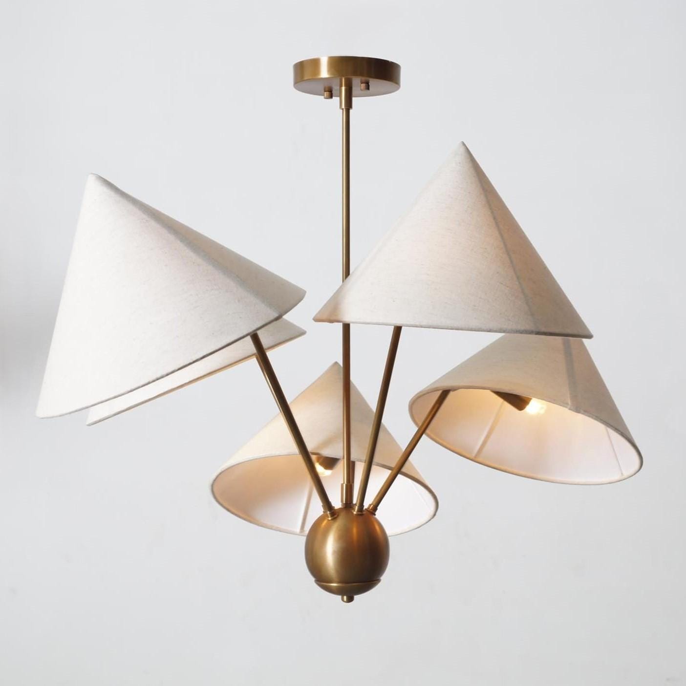 Italian Style Linen Mantis Chandelier Brass Sputnik Chandelier, Mid Century Modern Conical Ceiling Light Fixture Art Deco Wabi Sabi 5 Lights