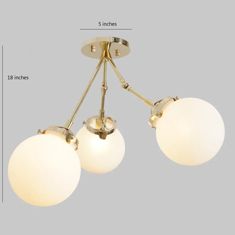 Mid Century 3 Globe Light Brass Ceiling Flush Mount, Sputnik Chandelier, Pendant Light Fixture Handcrafted Chandelier