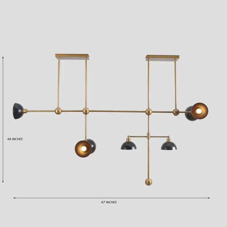 Asymmetrical Structure Bowl Shade Hanging Chandelier, Mid Century Modern Seven Lights Dome Shade Brass Sputnik Ceiling Light Fixture
