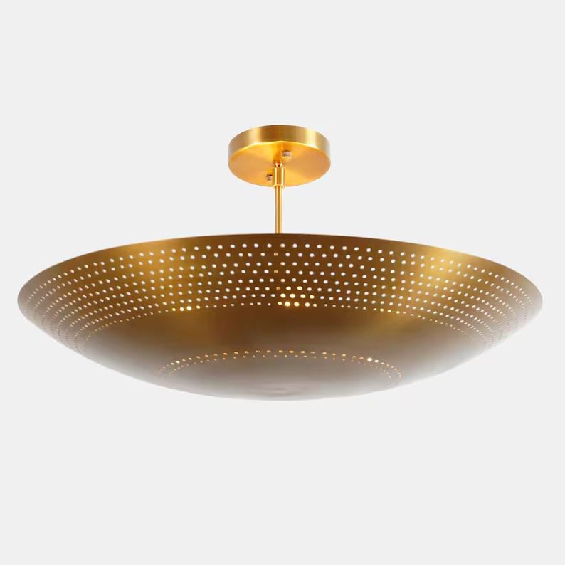 Dome Shade Perforated Tynell Style Inspired Ceiling Pendant Light, Mid Century Modern Rey Chandelier 6 Light Brass Light Fixture