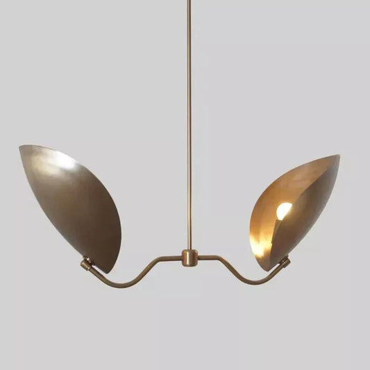 Mid Century Modern Brass Petal Chandelier, Sculptural Italian Inspired Handcrafted Dual Curved Shape 2 Light Ceiling Pendant Light Fixture