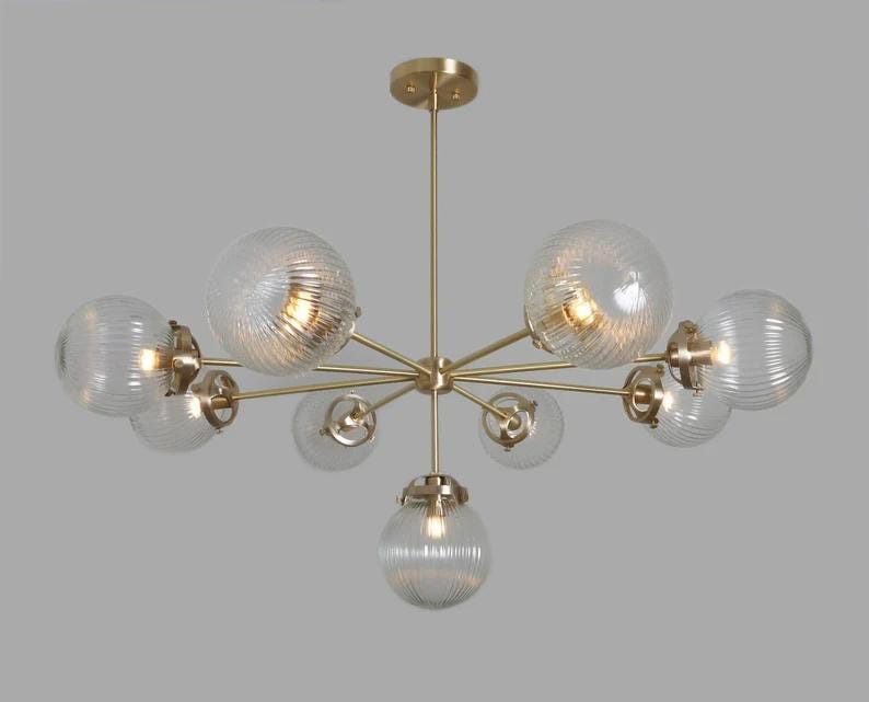 Mid Century Modern 9 Ribbed Glass Globe Chandelier, Handcrafted Lamp Ceiling Light, Brass Lights Glass Globe Design Pendant Light Fixture