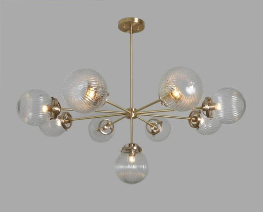 Mid Century Modern 9 Ribbed Glass Globe Chandelier, Handcrafted Lamp Ceiling Light, Brass Lights Glass Globe Design Pendant Light Fixture