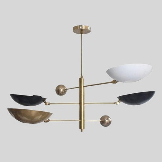 Counterbalance 4 Disk Shade Brass Chandelier, Mid Century Modern Stilnovo Style Counterweight Brass Ceiling Light Fixture Sputnik Chandelier