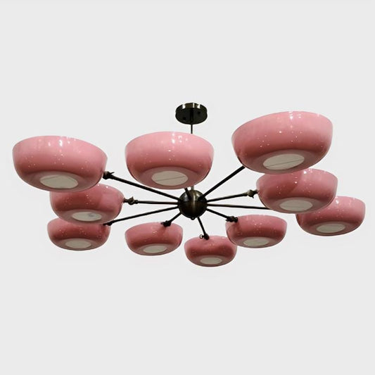 Stilnovo Style Flowerpetal Chandelier, Perforated Bowl Shade 10 Arm Brass Sputnik Chandelier, Mid Century Modern Pastel Flower Light Fixture