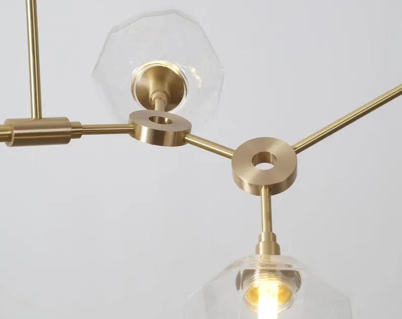 Mid Century Six Arm Clear Globe Light Brass Ceiling Sputnik Chandelier Pendant Light Fixture, Handcrafted Vintage Style Ceiling Lighting