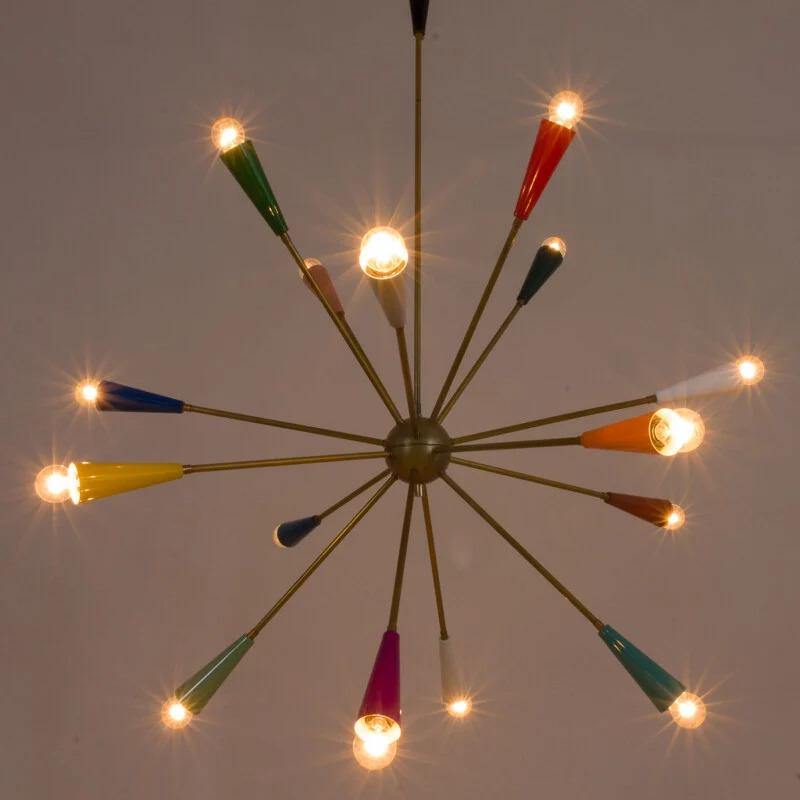 Colorful Multi Shade Sputnik Chandelier, Mid Century Style Brass Chandelier Pendant Ceiling Light, Showroom Entrance Living Hallway