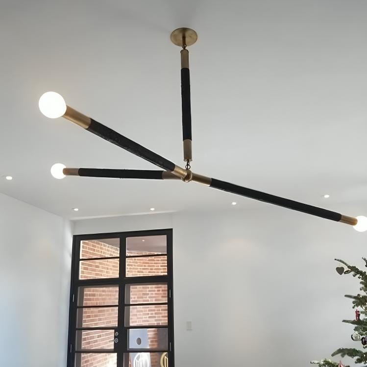 Arrow Shape Leather Slingshot Chandelier, Minimalist Asymmetrical Brass Ceiling Light Fixture, Contemporary Design Statement Three Arm Lamp