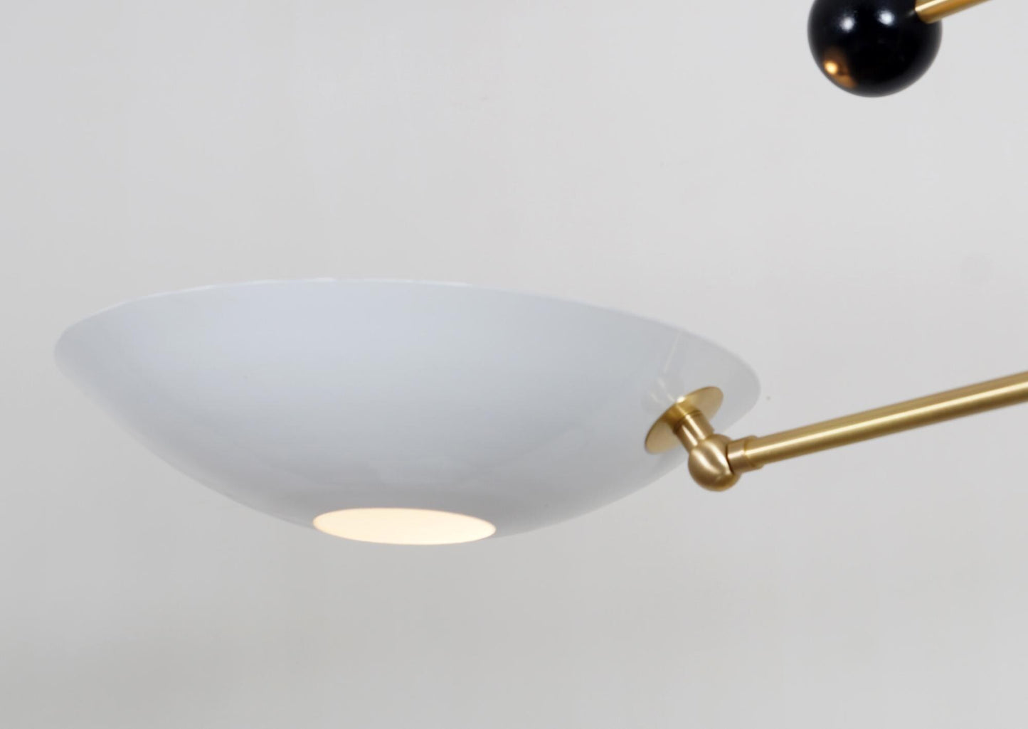 White Disk Shade Counterbalance Brass Chandelier, Mid Century Modern Stilnovo Style Counterweight Handcrafted Brass Ceiling Light Fixture