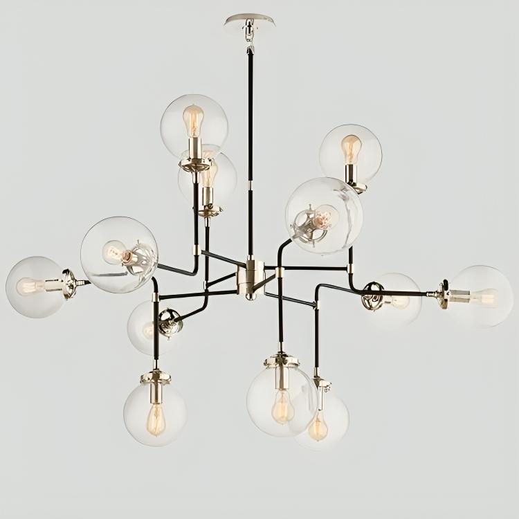 Mid Century Modern Bistro Glass Globe Large Chandelier, Handcrafted Brass Ceiling Light, 12 Glass Globe Custom Design Sputnik Light Fixture