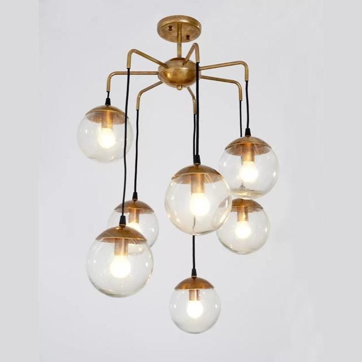 Mid Century Modern Bubbles Chandelier, Handcrafted Lamp Ceiling Lighting, Brass Lights Glass Globe Design Pendant Light Fixture