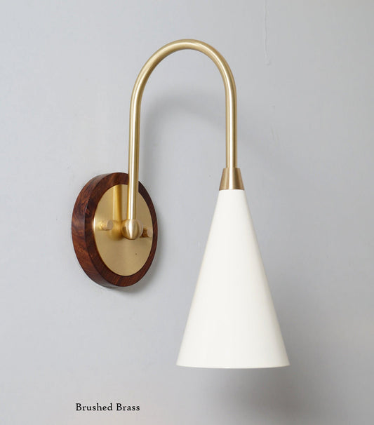 Salona Enamel Shade Brass Wall Sconce With Wood Canopy, Mid Century Modern Single Light Wall Lamp, Handmade Vintage European Inspired Light