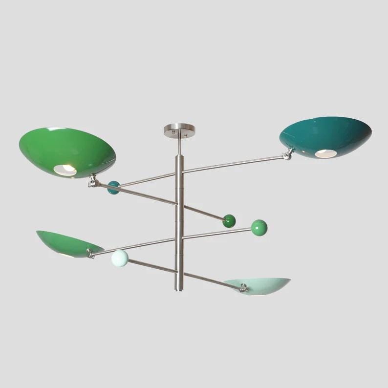 Stilnovo Counterbalance Multicolor Disk Chandelier, Mid Century Modern 4 Shade Sputnik Brass Chandelier, Counterweight Ceiling Pendant Light