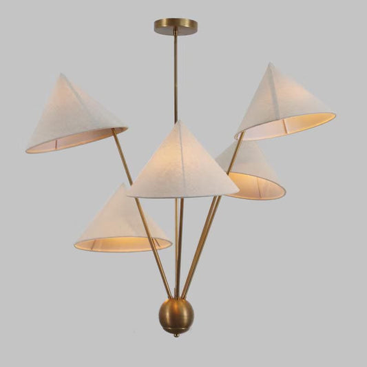 Italian Linen Shade Mantis Chandelier Brass Sputnik Chandelier, Mid Century Modern Conical Ceiling Light Fixture Art Deco Wabi Sabi 5 Lights