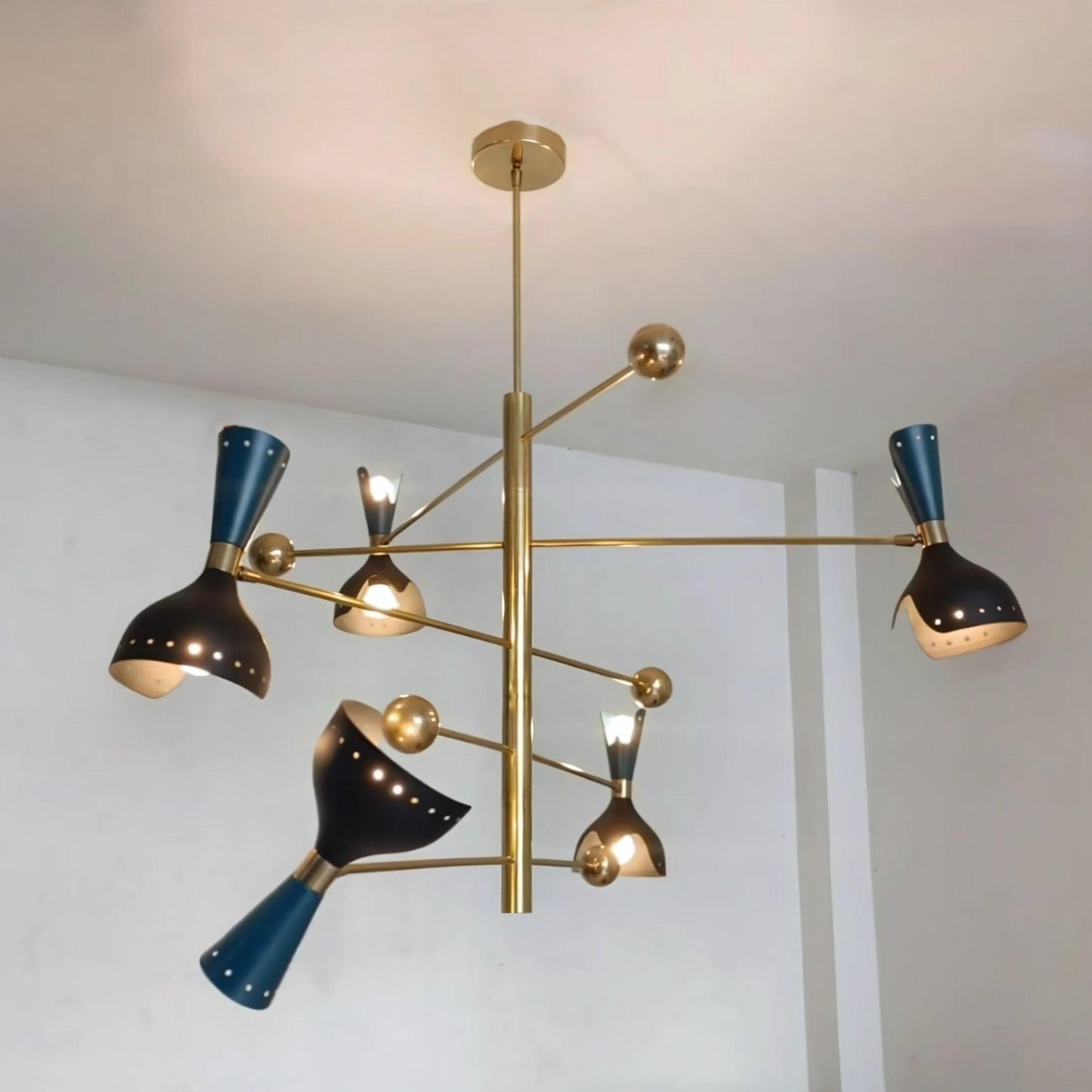 Stillnovo Style Counterbalance Diabolo Cut-out Chandelier, 5 Arm Italian Style Counterweight Sputnik Chandelier, Brass Ceiling Light Fixture