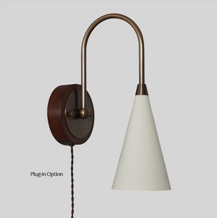 Salona Enamel Shade Brass Wall Sconce With Wood Canopy, Mid Century Modern Single Light Wall Lamp, Handmade Vintage European Inspired Light