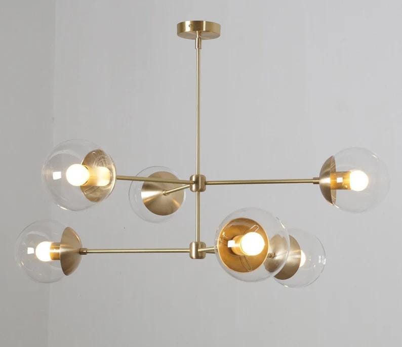 Midcentury Modern 6 Globe Sputnik Chandelier, Handcrafted Brass Sputnik Lamp Ceiling Light, Glass Globe Design Pendant Light Fixture